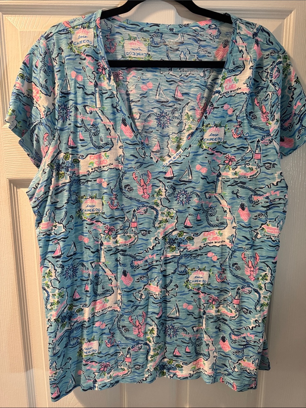 Lilly Pulitzer Blue Cape Cod Map V-Neck Tee with Pink Accents - XXL